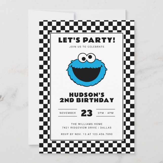 Cookie Monster Chequerboard Birthday Invitation (Front)