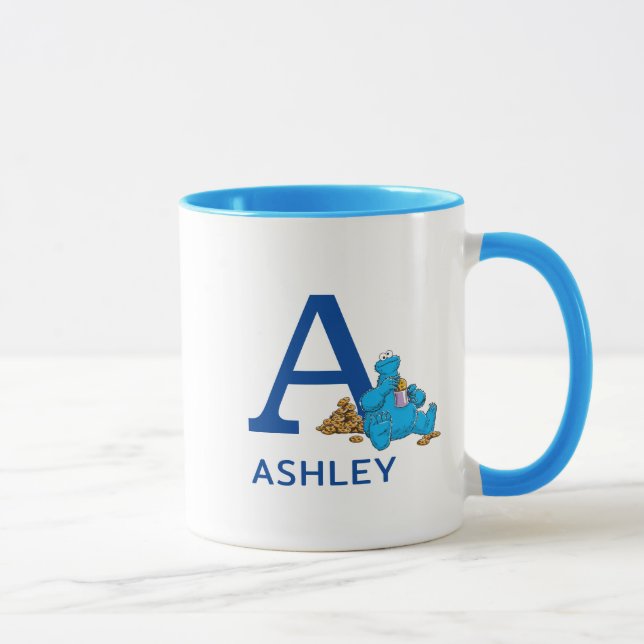 Cookie Monster Eating Cookies Name & Monogram A Mug (Right)