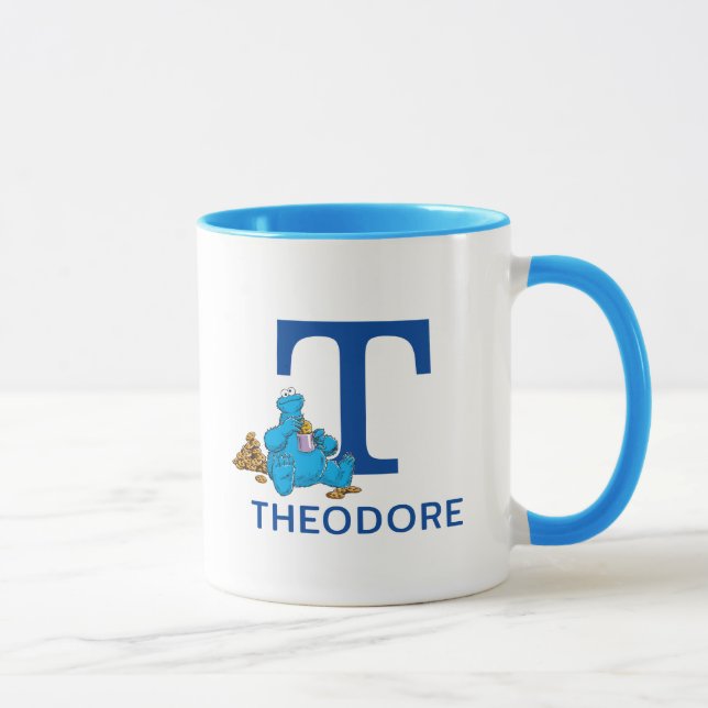 Cookie Monster Eating Cookies Name & Monogram T Mug (Right)