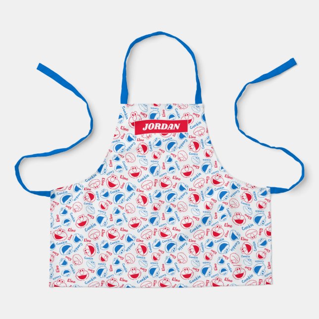 Cookie Monster & Elmo | Red & Blue Pattern Apron (Front)