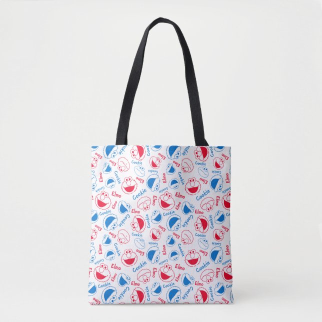 Cookie Monster & Elmo | Red & Blue Pattern Tote Bag (Front)