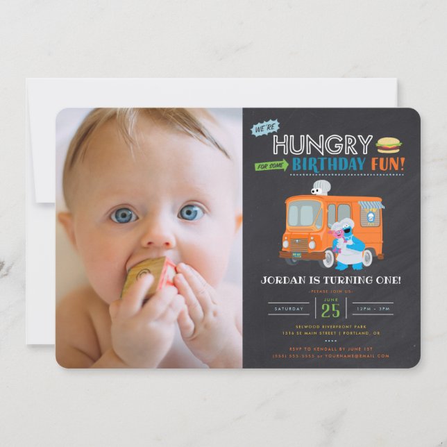 Cookie Monster Food Truck Chalkboard Birthday Invitation (Front)