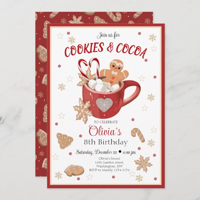 Cookies and Cocoa Christmas Birthday Invitation (Front/Back)