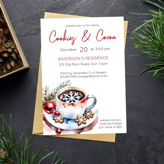 Cookies and cocoa simple Christmas party template (Cookies and cocoa Christmas party template invitation simple minimalist modern watercolor snowflake)