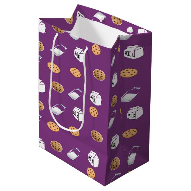 Cookies and milk on purple medium gift bag (Front Angled)