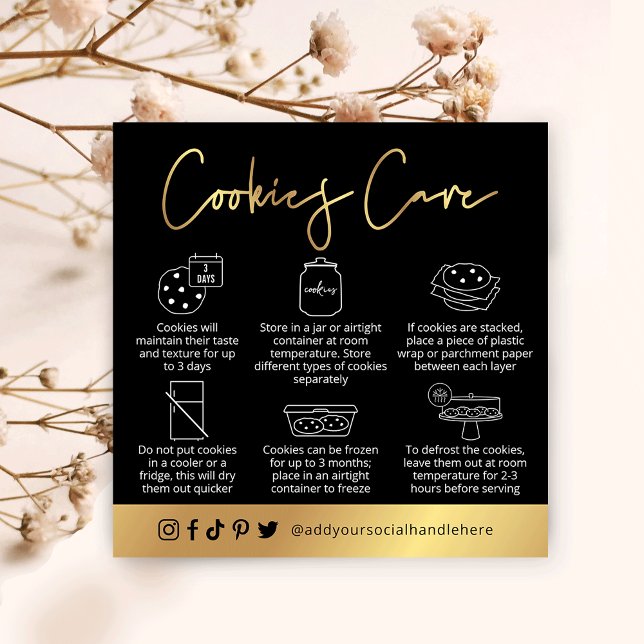 Cookies Care Instructions Black & Gold Script Logo Square Business Card (Creator Uploaded)