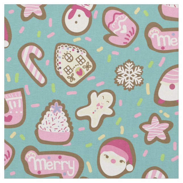 Cookies Christmas Turquoise Fabric (Close Up)