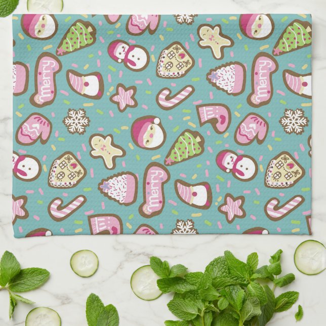 Cookies Christmas Turquoise Tea Towel (Folded)