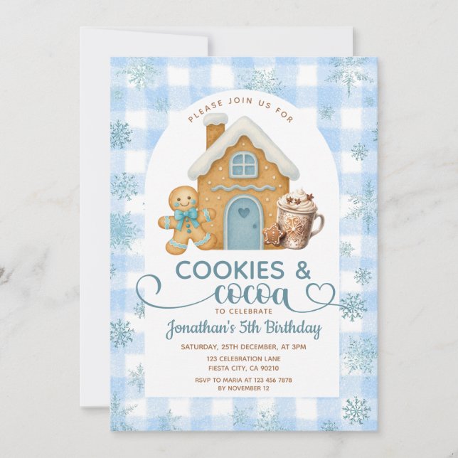 Cookies & Cocoa Birthday Blue Snowflakes Gingham Invitation (Front)