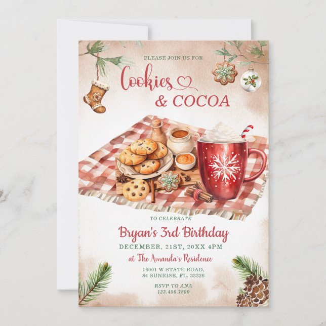 Cookies & Cocoa Christmas 3rd Birthday Party Invitation (Front)