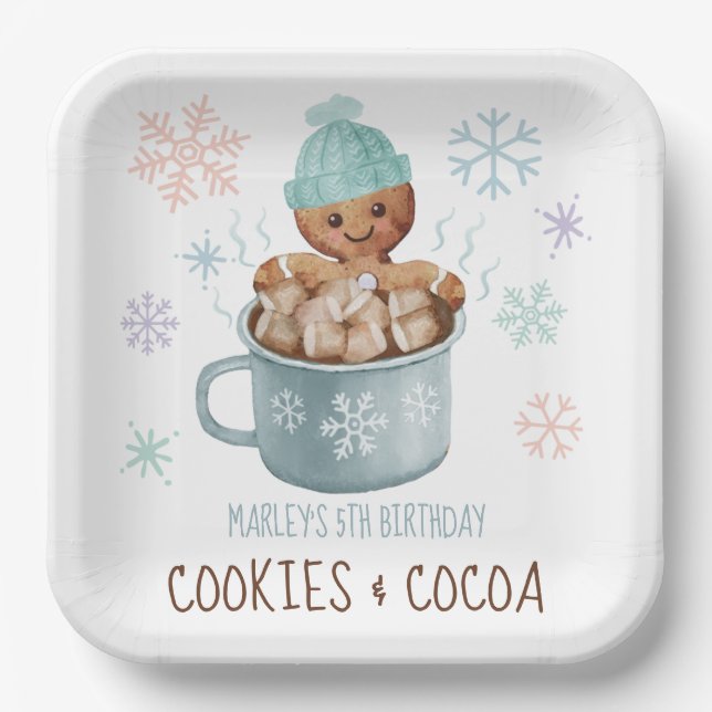 Cookies & Cocoa Gingerbread Boy Winter Birthday Paper Plate (Front)