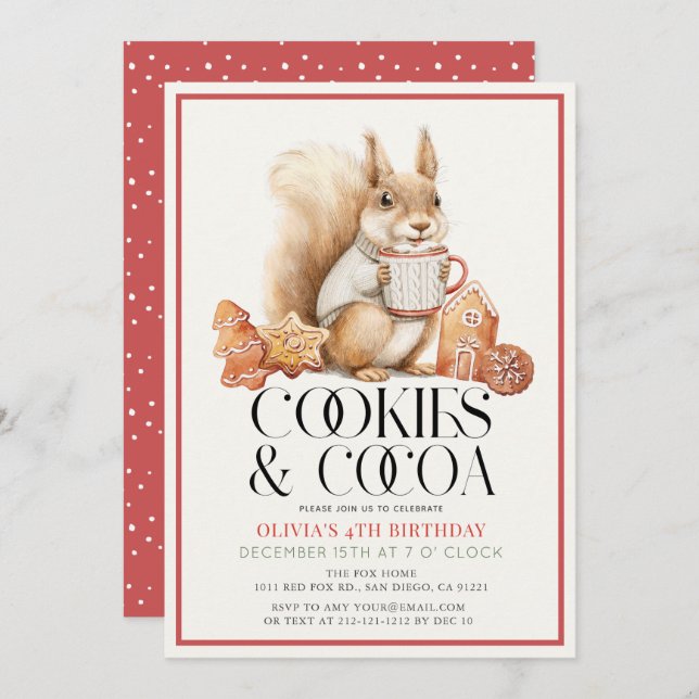 Cookies & Cocoa Hot Chocolate Squirrel Birthday Invitation (Front/Back)