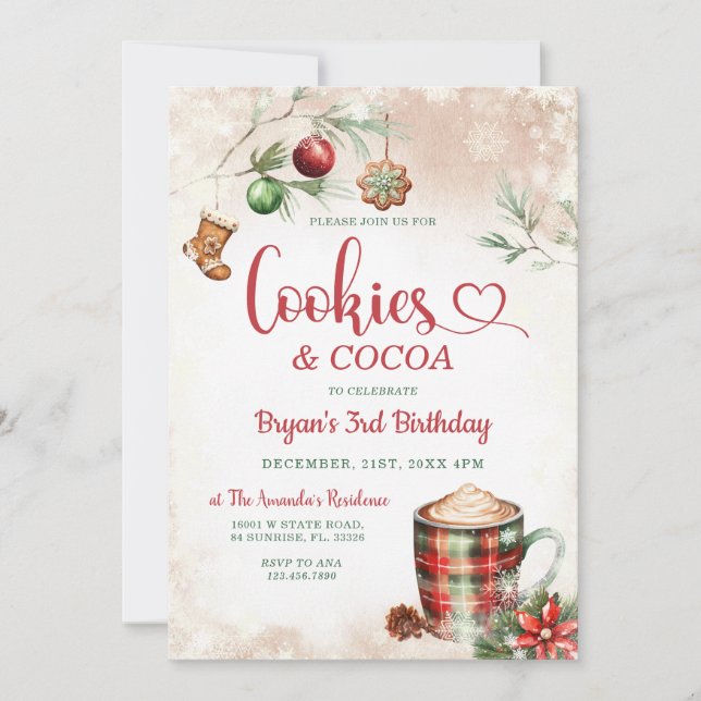 Cookies & Cocoa Plaid Christmas 3rd Birthday Party Invitation (Front)
