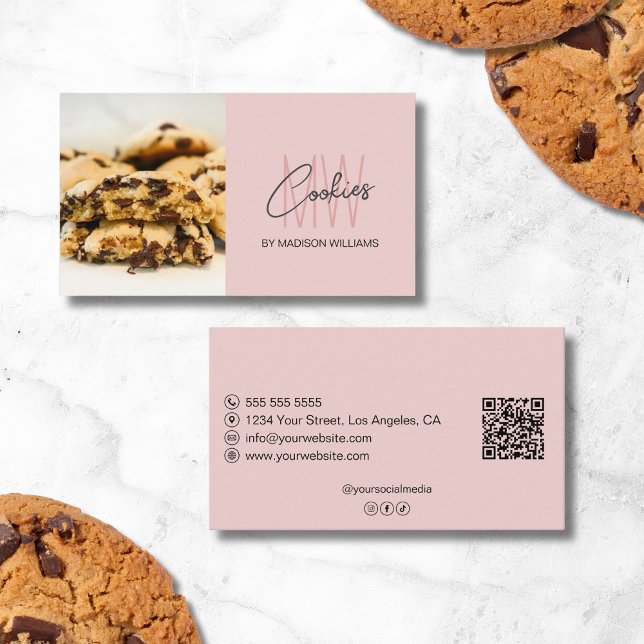 Cookies Monogram Logo Bakery Photo QR Pink Business Card (Cookies Monogram Logo Bakery Photo QR Pink Business Card)