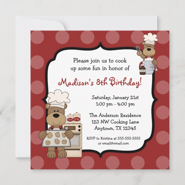 Cooking Bears Kids Birthday Party Invitation (Front)