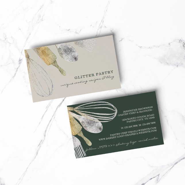 Cooking Kitchen Utensil Elegant Bakery ivory sage Business Card (BAKERY PASTRY CHEF COOK CAKE event planner business)