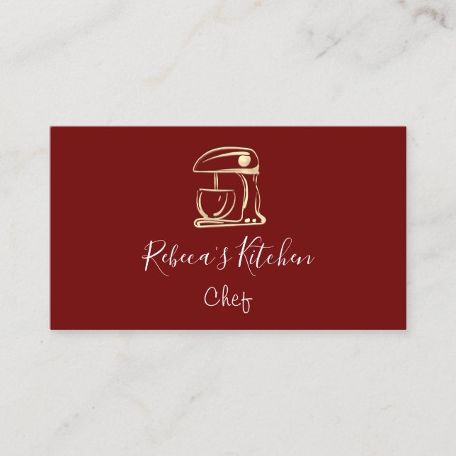 Cooking Logo Robot Mixer Chef Burgundy Gold Business Card (Front)