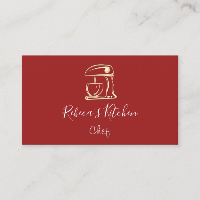 Cooking Logo Robot Mixer Chef Burgundy Gold Business Card (Front)