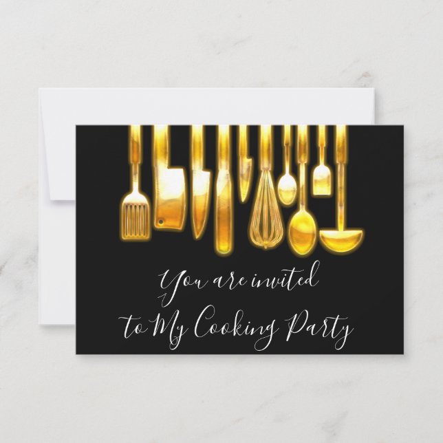 Cooking Party Chef Golden Kitchen Black WhiteGold  Invitation (Front)