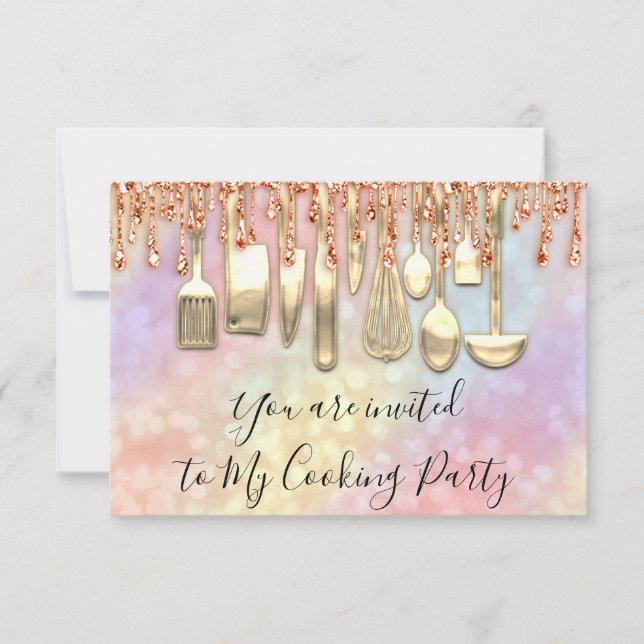Cooking Party Chef Golden Kitchen Holograph Rose Invitation (Front)