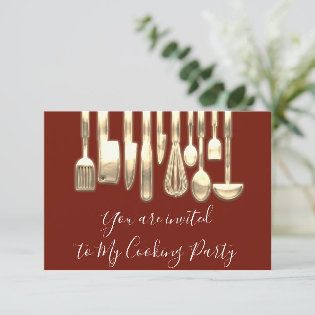 Cooking Party Chef Golden Kitchen Maroon Gold  Invitation (Standing Front)