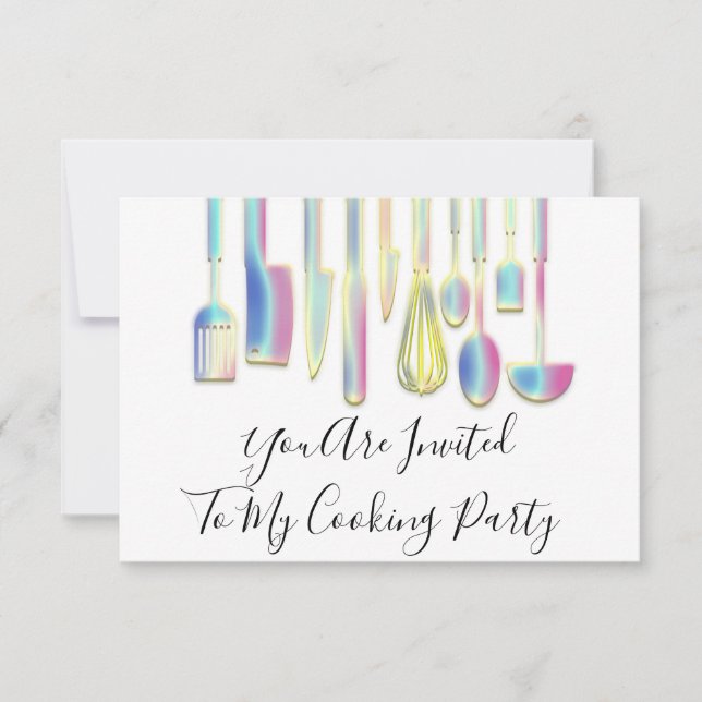 Cooking Party Chef Golden Kitchen White Holograph  Invitation (Front)