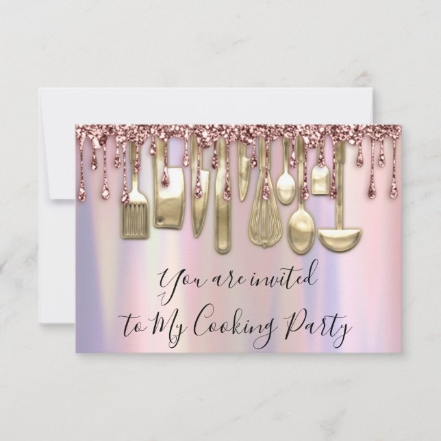 Cooking Party Chef Kitchen Rose Drips Holograph  Invitation (Front)