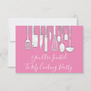 Cooking Party Chef  Kitchen White Grey Pink Grey  Invitation