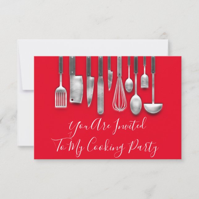 Cooking Party Chef  Kitchen White Grey Red Invitation (Front)