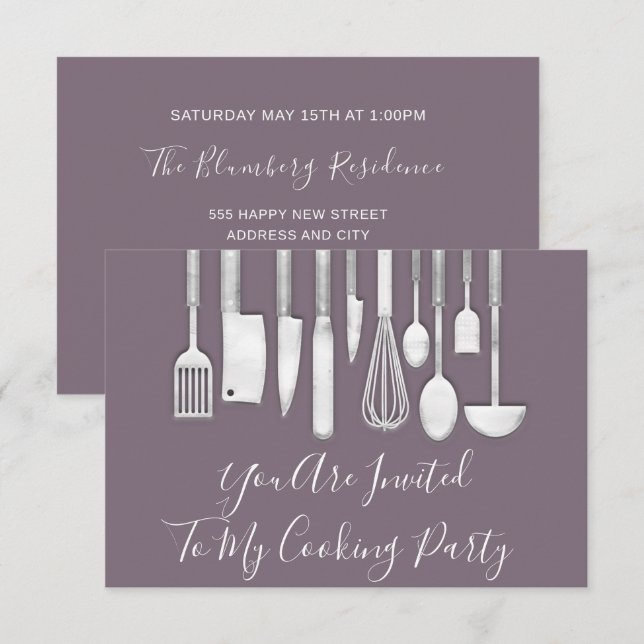 Cooking Party Chef Kitchen White Grey Violet Purpl Invitation (Front/Back)