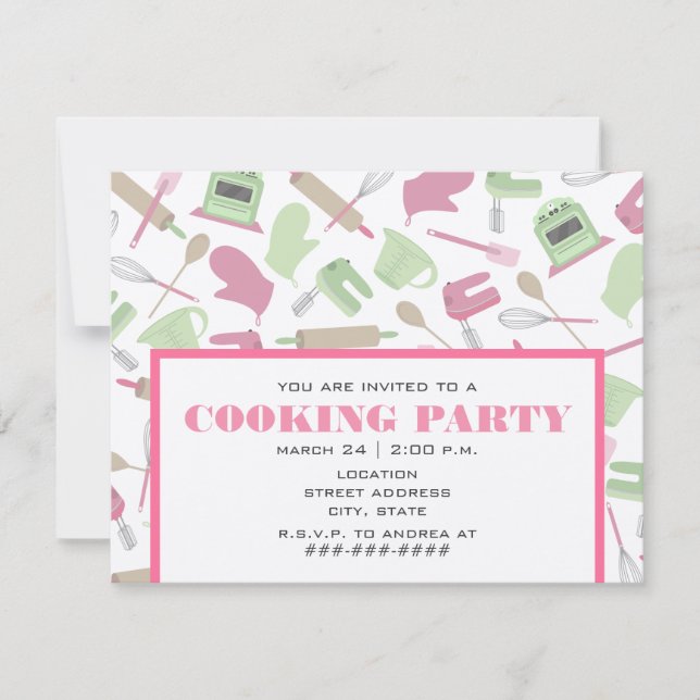 Cooking Party Invitation - Pink & Green Kitchen (Front)