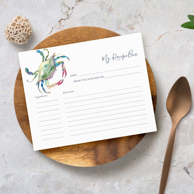 Cooking Recipe Cards Blue Crab (Beach theme recipe cards designed with blue crab watercolor art.)