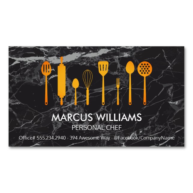 Cooking Tools | Black Marble Magnetic Business Card (Front)