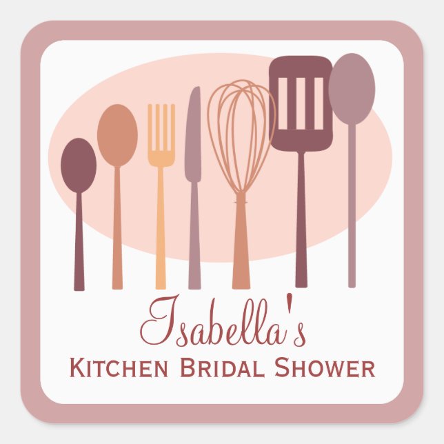 Cooking Utensils Kitchen Bridal Shower | Pink Square Sticker (Front)