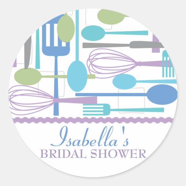 Cooking Utensils Kitchen Bridal Shower | Retro Classic Round Sticker (Front)
