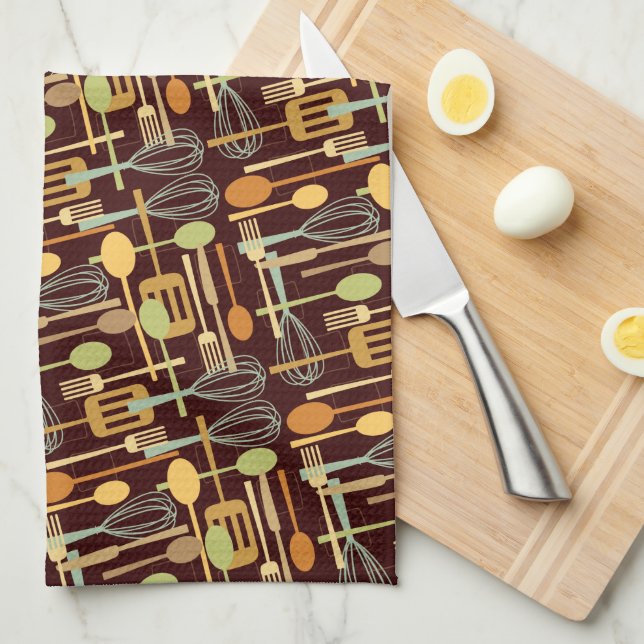 Cooking Utensils Kitchen Towel in Retro Colours (Quarter Fold)
