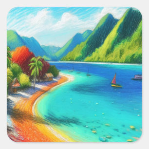 Cook's Bay, Moorea, French Polynesia Watercolor Square Sticker