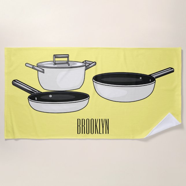 Cookware sets cartoon illustration beach towel (Front)
