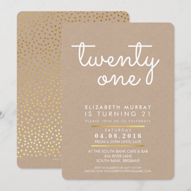 COOL 21st birthday party INVITE rustic kraft white (Front/Back)
