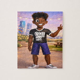 Cool 3D Cartoon Boy Making a Peace Sign at Sunset Jigsaw Puzzle
