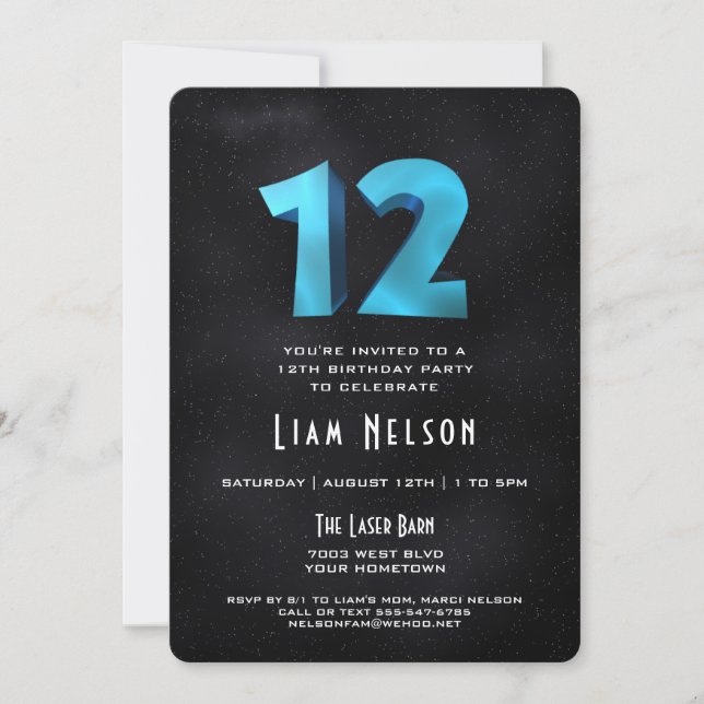 Cool 3D on Black 12th Birthday Party Invitation (Front)