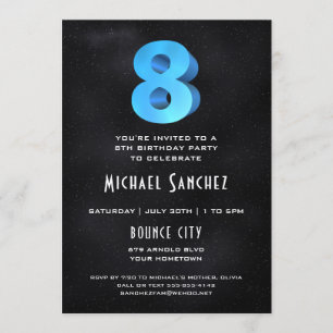 Cool 3D on Black 8th Birthday Party Invitation