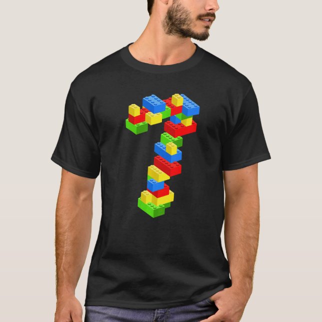 Cool 7th Birthday Building Blocks 7 Years Old Boy  T-Shirt (Front)