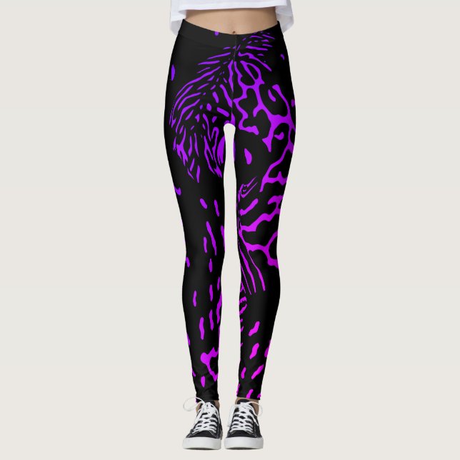 Cool Abstract Black And Purple Tiger Stripes Print Leggings (Front)
