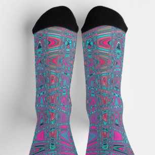 Cool Abstract Blue and Magenta Retro Zigzag Waves Socks