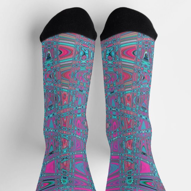 Cool Abstract Blue and Magenta Retro Zigzag Waves Socks (Top)