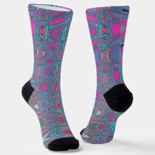 Cool Abstract Blue and Magenta Retro Zigzag Waves Socks