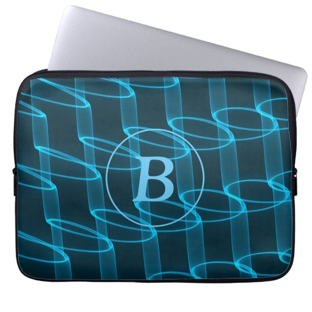 Cool Abstract Blue Neon Waves Monogram Laptop Sleeve (Front)
