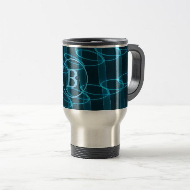 Cool Abstract Blue Neon Waves Monogram Travel Mug (Front Right)