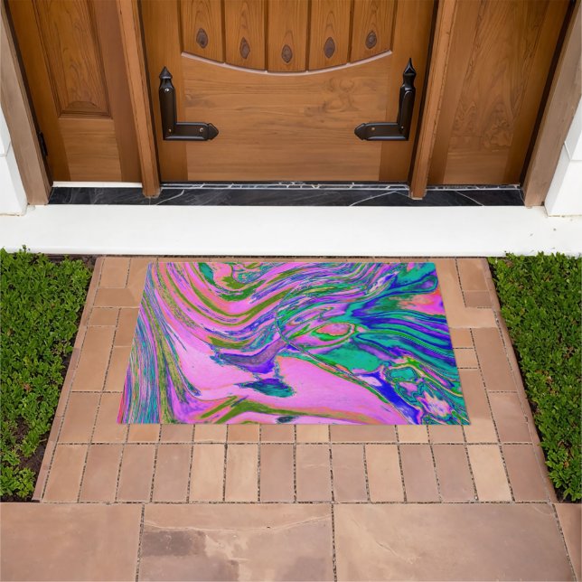 Cool Abstract Chartreuse and Hot Pink Groovy Retro Doormat (Outdoor)